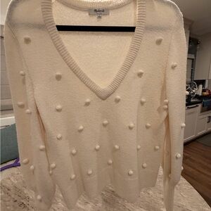 Madewell Cream V-Neck Sweater with Pom-Pom Accents